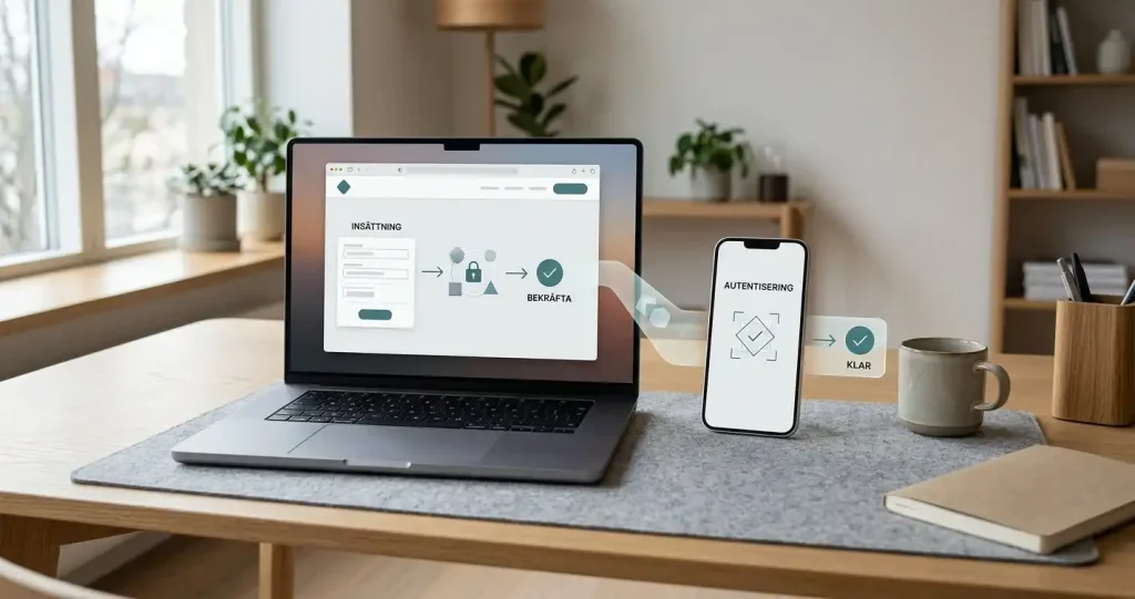 Mobil och laptop med förenklat bankflöde mellan konto, insättning och uttag