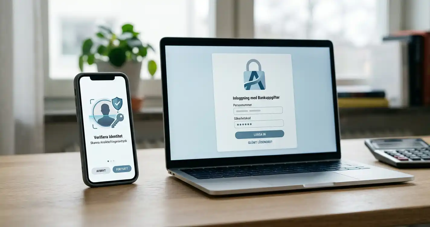 Smartphone och laptop med abstrakt säker identifiering och bankinloggning