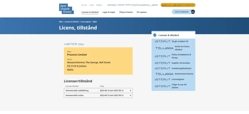 Spelinspektionens licensregister med Prozone Limited och fastbet.com synliga