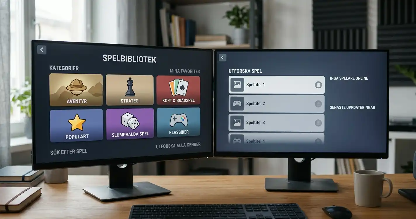 Abstrakt spelbibliotek på skärmar bredvid en diskret live-studiomiljö