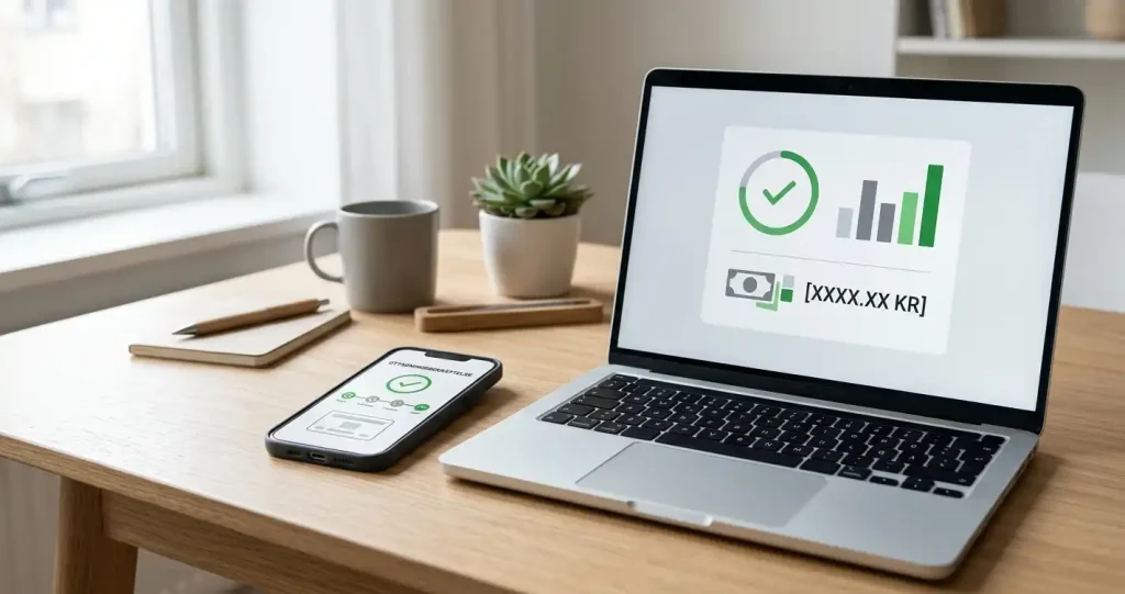 Mobil och laptop med neutral vy för bankuttag, beloppskontroll och transaktionsstatus