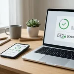 Mobil och laptop med neutral vy för bankuttag, beloppskontroll och transaktionsstatus